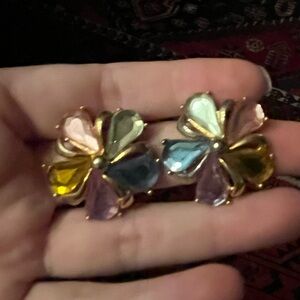 Vintage Gold Tone Multicolor Floral Clip Earrings
